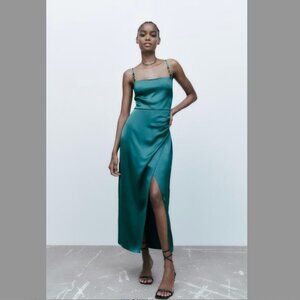 Zara Emerald Green Satin Slip Dress with Chain Straps – Size XS